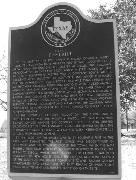 Texas logging camp Fastrill Historical Marker