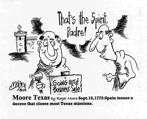 Sept. 10, 1772: Spain issues a decree that closes Texas Missions; Texas history cartoon