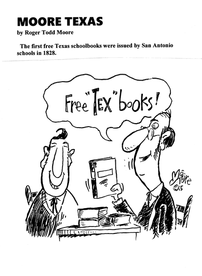 First free Texas schoolbooks; Texas history cartoon