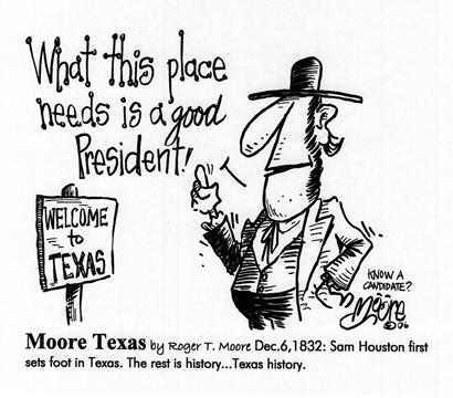 Sam Houston sets foot in Texas; Texas history cartoon