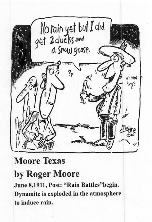 Dynamites to induce rain; Texas history cartoon
