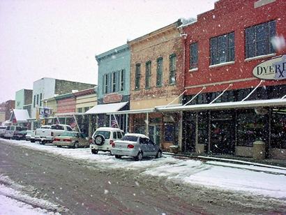 Downtown Farmersville, Texas in snow