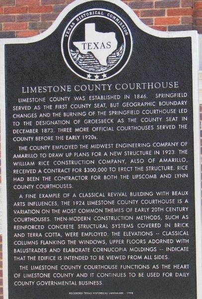 Limestone County courthouse historical marker, Groesbeck Texas