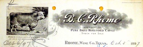 B.C. Rhome Ranch letterhead,  Rhome Texas