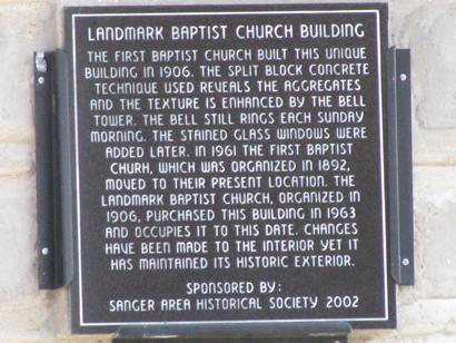 Landmark Baptist Church historical plaque, Sanger TX  