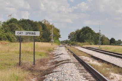 Cat Spring TX sign and railroad track