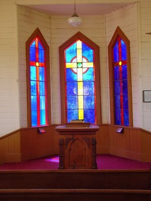 Maysfield Presbyterian Church  interior, stainglass, Mayfield Texas