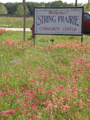 Bastrop County Texas String Prairie TX Community Center sign  and wildflowers
