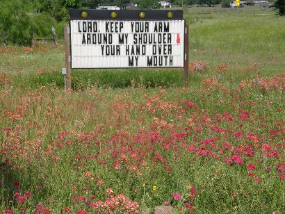 Bastrop County Texas String Prairie TX wildflowers and sign at Community Center