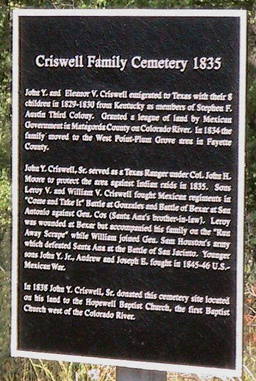 West Point TX - 1835 Criswell Family Cemetery plaque