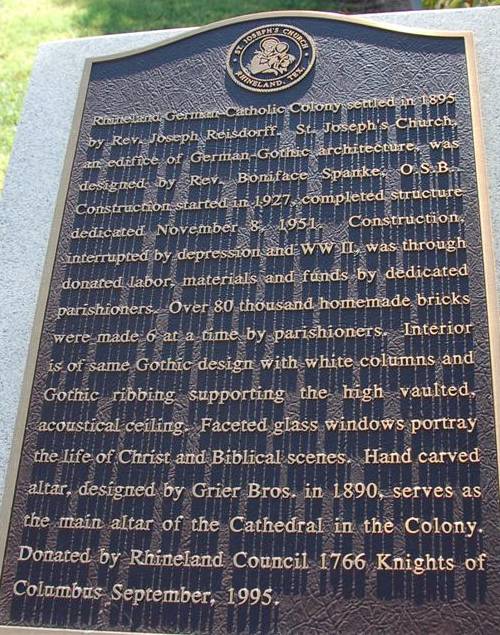 Rhineland TX - St. Joseph's Catholic Church  plaque