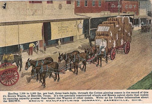 Beeville Texas cotton ginning season  Brown Wagon in street