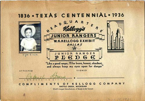 Jim Earl as junior Ranger TX centennial postcard