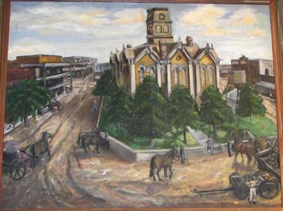 Oil painting of 1883 Houston County courthouse, Crockett Texas