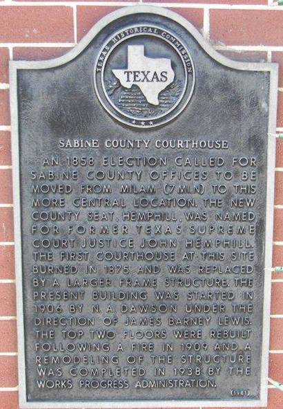 Sabine County Courthous Historical Marker, Hemphill TX