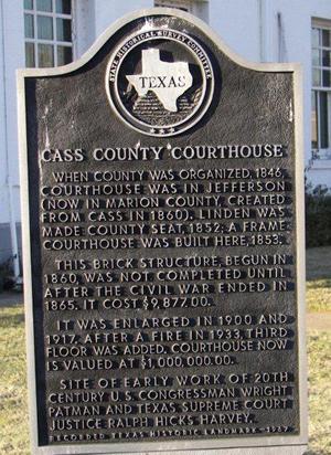 Cass County courthouse historical marker, Linden, Texas