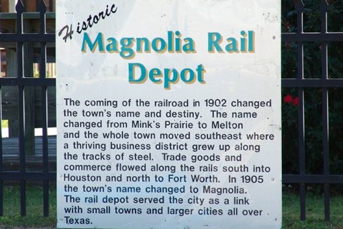 Magnolia rail depot sign, Magnolia Texas