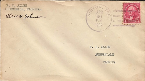Nigton TX, Trinity County 1932 Postmark