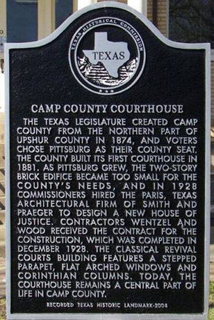Camp County Courthouse historical marker, Pittsburg TX