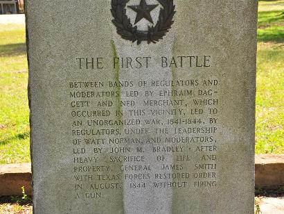 First Battle - Regulators Moderators War, Texas Centennial Marker text close up