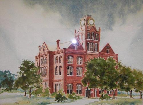 Painting of the original 1891 Tyler County Courthouse  , Woodville, Texas