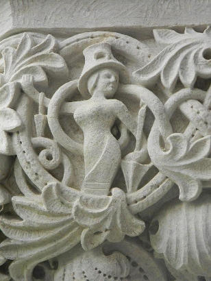 Woman with parasol, Whimsical Stone Carving - Rice University, Lovett Hall, Houston TX 