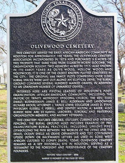 Houston TX - Olivewood Cemetery historical marker