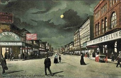Fort Worth TX Saloon on Main Street  night view , old post card