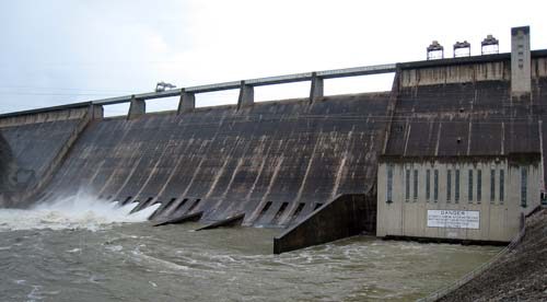 Mansfield Dam with floodgates open, Texas