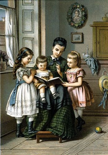 Mother reading to children