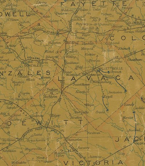 DeWitt & Lavaca County TX 1907 postal map
