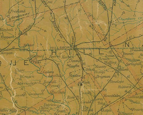 Hill County Texas 1907 Postal map