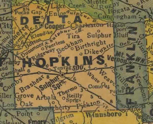 Delta, Hopkins, Franklin county , Texas 1940s map 