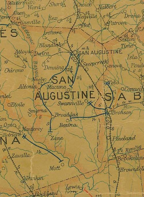 San Augustine  county TX 1907 postal map