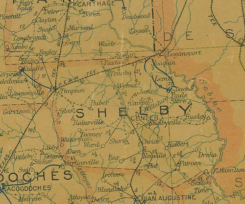 Shelby  County TX 1907 postal map