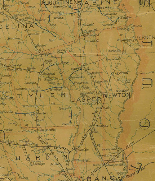 TX 1907 postal map - Tyler, Jasper & Newton Counties