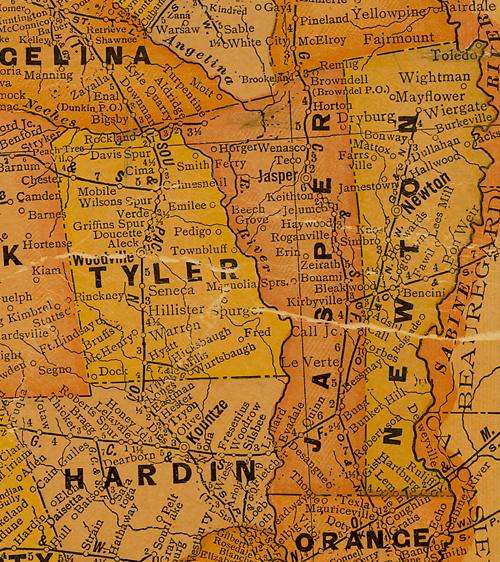 Tyler, Jasper & Newton Counties 1920s Texas map