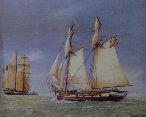 Brutus Schooner-of-war painting -, Rockport TX,  Maritime Museum exhibit 