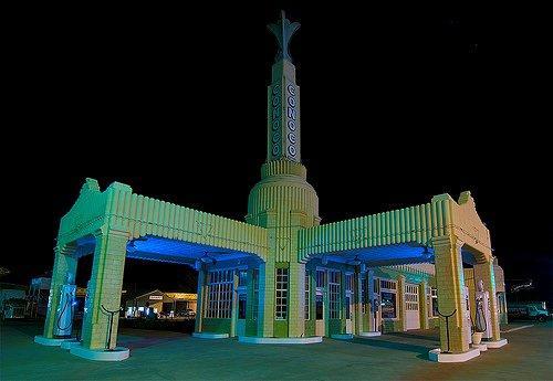 Tower Conoco gas station, Shamrock Texas night 