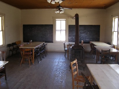 Gillespie County TX - Cave Creek School, one-room schoolhouse classroom with wood stove