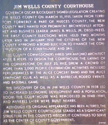 Jim Wells County Courthouse historical marker, Alice, Texas 