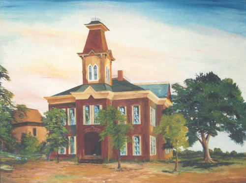 Oil painting of 1885 Atascosa County courthouse moved from Pleasanton Texas to Jourdanton 