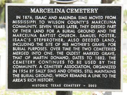 Marcelina  Texas, Wilson County, Marcelina Cemetery marker,