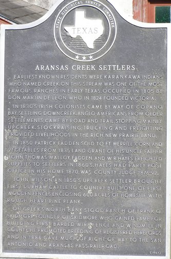 Aransas Creek Settlers historical marker, Skidmore, Texas 