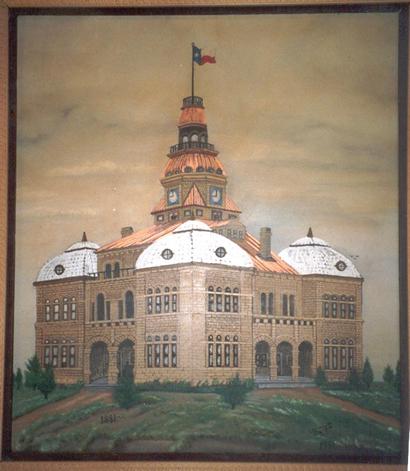 Oil painting of original 1892 Archer county courthouse, Texas
