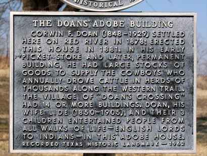 Doans' Adobe Building marker, Doan's Crossing Texas