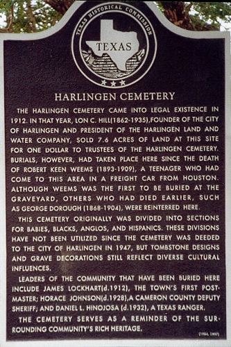 Harlingen Cemetery historical marker, Texas