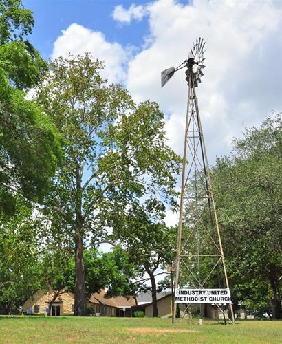 Industry TX - Industry United Methodist Church sign on windmill 