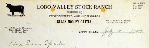 Lobo TX - Lobo Valley Stock Ranch, El Paso Co, 1909 Letterhead