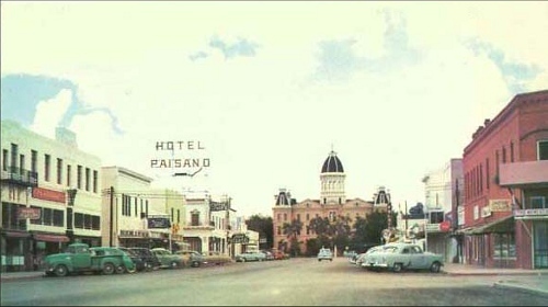 Courthouse, Hotel Paisano and main street in Marfa, Texas, 1950s